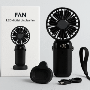 LED Digital Display Rechargeable Fan with USB Cable – Portable Mini Cooling Fan with Adjustable Speed, Battery Indicator & Easy Charging (random color)