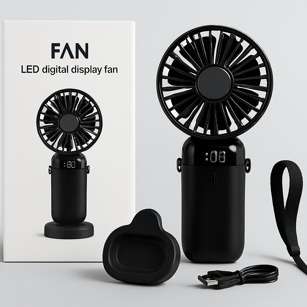 LED Digital Display Rechargeable Fan with USB Cable – Portable Mini Cooling Fan with Adjustable Speed, Battery Indicator & Easy Charging (random color)