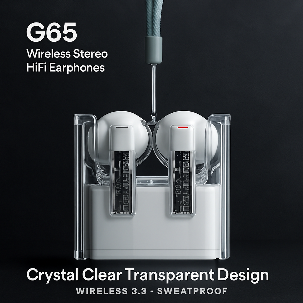 G65 Wireless Stereo HiFi Earphones – Bluetooth 5.3, Transparent Design, ANC, Sweatproof, Built-in Microphone, 7-Hour Battery