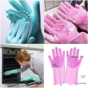 Magic Silicone Dish washing Gloves – Reusable Rubber Cleaning Gloves with Built-In Scrubber for Kitchen & Household Use (Random color)