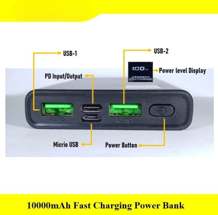 10000mAh Power Bank – PD Fast Charging with Digital Display & Full Capacity Backup (Random color) - Image 4