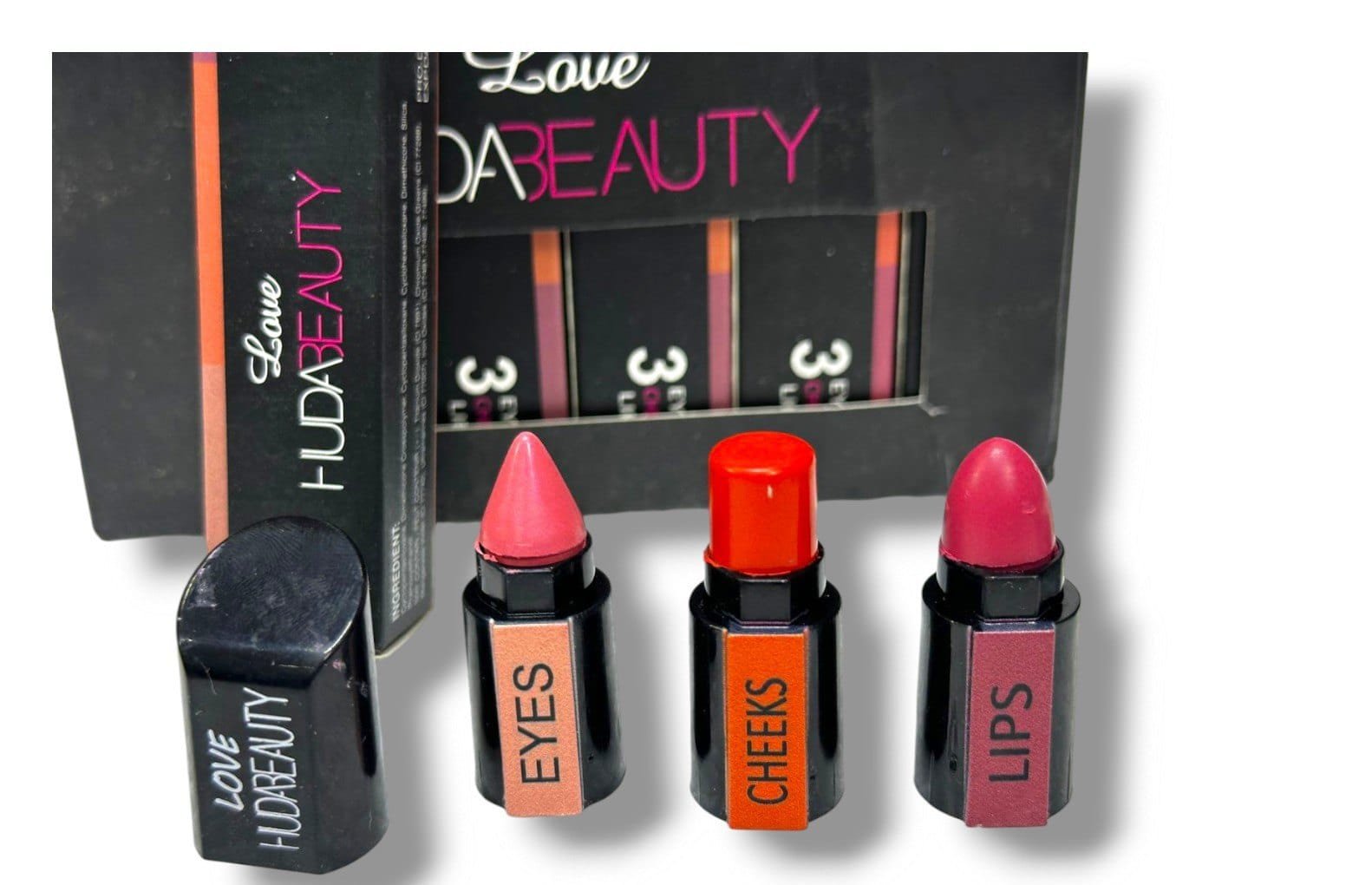 Huda Beauty 3 in 1 Professional Eyes, Cheeks & Lips Set – Multipurpose Lipsticks with Smooth Texture, Long-Lasting Color & Versatile Makeup Look - Image 3